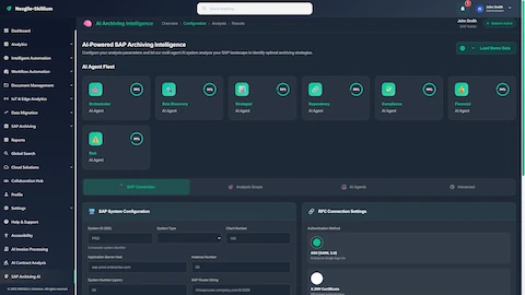 SAP Configuration & Agent Fleet - 7 specialized AI agents with performance scores and SAP system connection settings
